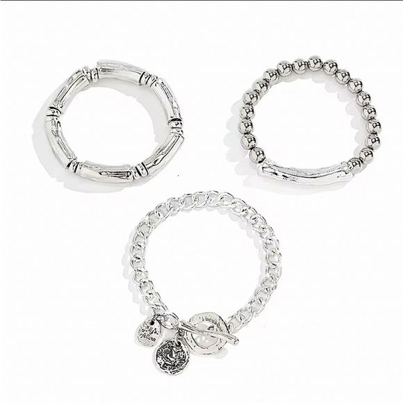 Stainless Steel Bracelet Set Chain Link Bamboo Statement Silver - Picture 6 of 7